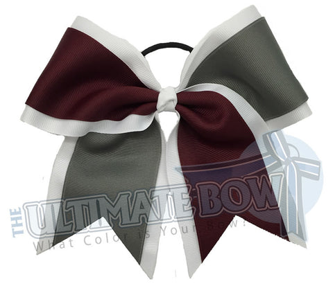 Superior Summer Splits Cheer Bow | Maroon and Grey Cheer Bow | Solid Ribbon Cheer Bows | White, Maroon and Grey Softball Bows