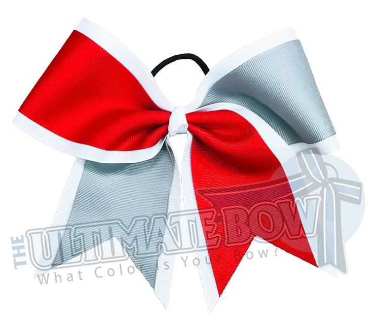 Superior Summer Splits Cheer Bow | Red and Silver Cheer Bow | Solid Ribbon Cheer Bows | White, Red and Silver Softball Bows
