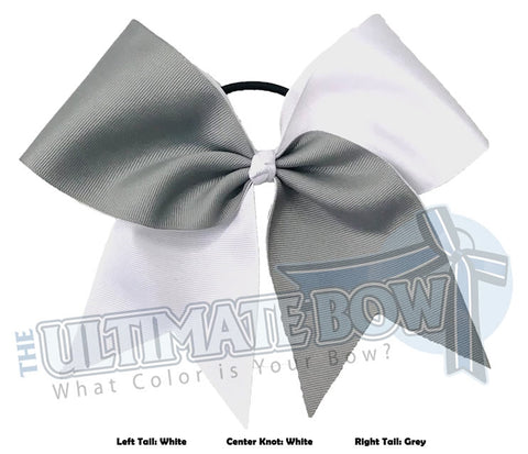 Superior Essential Tick Tock Cheer Bow | Grey and White cheer bow | Half and Half Cheer Bow | Grey Ribbon | White Ribbon