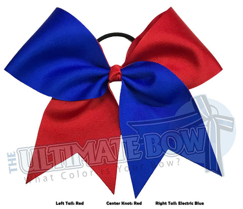 Superior Essential Tick Tock Cheer Bow | Red and Royal Blue cheer bow | Half and Half Cheer Bow | Red Ribbon | Electric Blue Ribbon