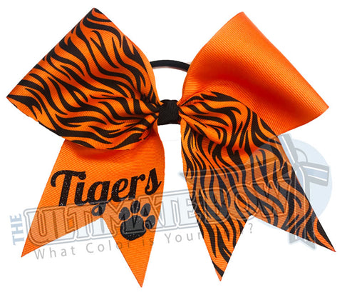 Superior Wild Paw Prints Cheer Bow | Orange Tiger Stripes | Tiger Paw Print Cheer Bow | Orange and Black Cheer Bow | Sublimated and Glitter Cheer Bow
