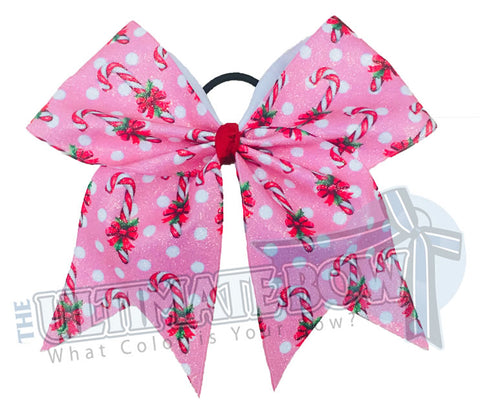 Sweet Glitter Candy Cane and Pink Polka Dots Bow | Christmas Glitter Cheer Bow