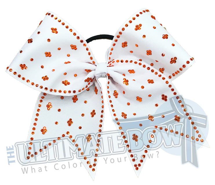 Taylors Tears Rhinestone Cheer Bow | Rhinestone ribbon grosgrain | White Rhinestone Cheer Bow | White and Orange Cheer bow | Orange Rhinestones