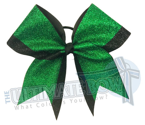 Top Down Full glitter cheer bow | emerald green glitter black glitter cheer-bow-glitter | varsity cheer | softball-school-recreational-cheer