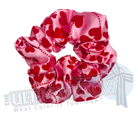 Valentine Pink Satin Red Heart Scrunchies | Red Flocked Hearts | Valentines Day Scrunchies | Pink and Red Scrunchies