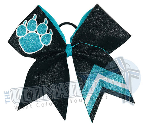 Victory Paws Glitter Cheer Bow | Teal and Black Paw Print Bow | Chevron Cheer Bow