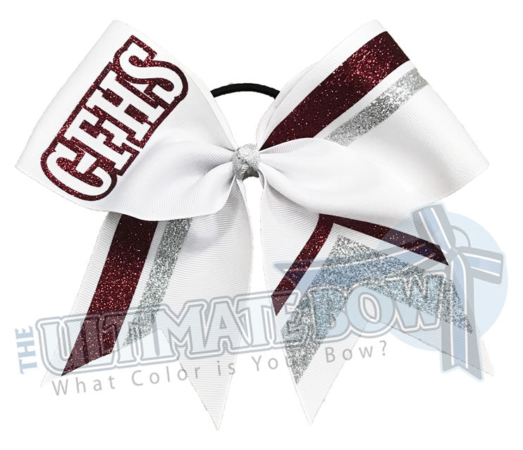 Varsity Squad Glitter Stripes Cheer Bow | High School Cheer Bow | Striped Cheer Bow | Glitter Football Cheer Bow | CFHS | Maroon | Silver | varsity-cheer-softball-school-recreational-cheer
