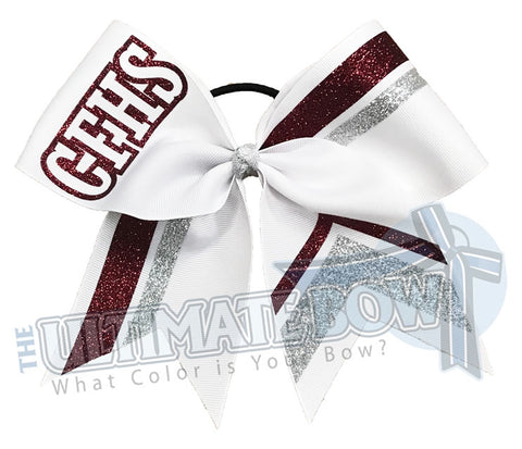 Varsity Squad Glitter Stripes Cheer Bow | High School Cheer Bow | Striped Cheer Bow | Glitter Football Cheer Bow | CFHS | Maroon | Silver | varsity-cheer-softball-school-recreational-cheer