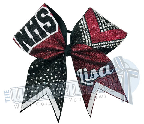 Victory Varsity Cheer Bow | Rhinestone and Glitter Cheer Bow | Personalized Cheer Bow | Maroon and Black