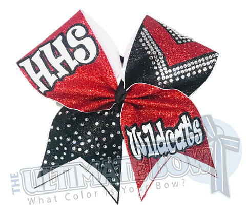 Victory Varsity Cheer Bow | Rhinestone and Glitter Cheer Bow | Personalized Cheer Bow | Red Black and White Cheer bows | School Bows | Wildcat Bows